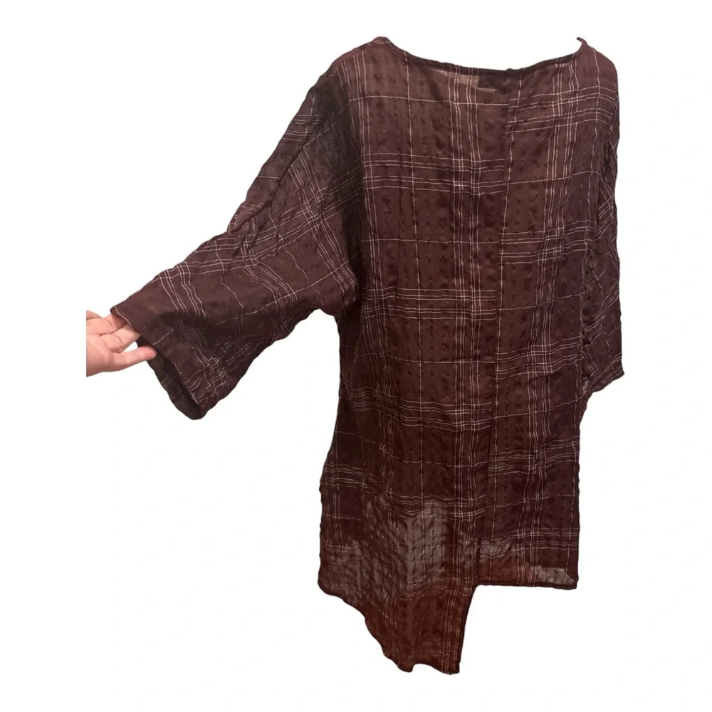 ZANZEA COTTON CREPE BURGUNDY WINDOW PANE PLAID SCOOP NECK 3/4 SLEEVE TUNIC TOP M - Picture 5 of 5